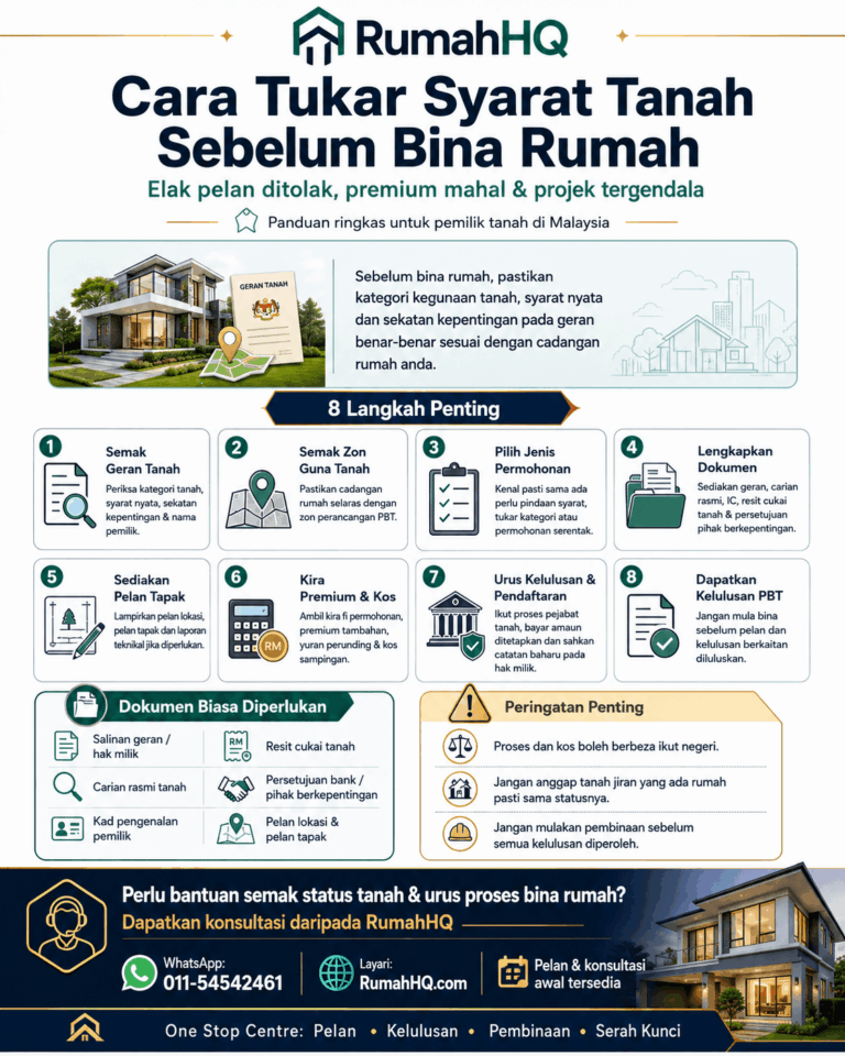 Cara Tukar Syarat Tanah Sebelum Bina Rumah: 8 Langkah Wajib Elak Pelan Ditolak, Premium Mahal dan Projek Tergendala! | RumahHQ 5 ChatGPT Image Jul 22 2026 11 23 40 PM 1